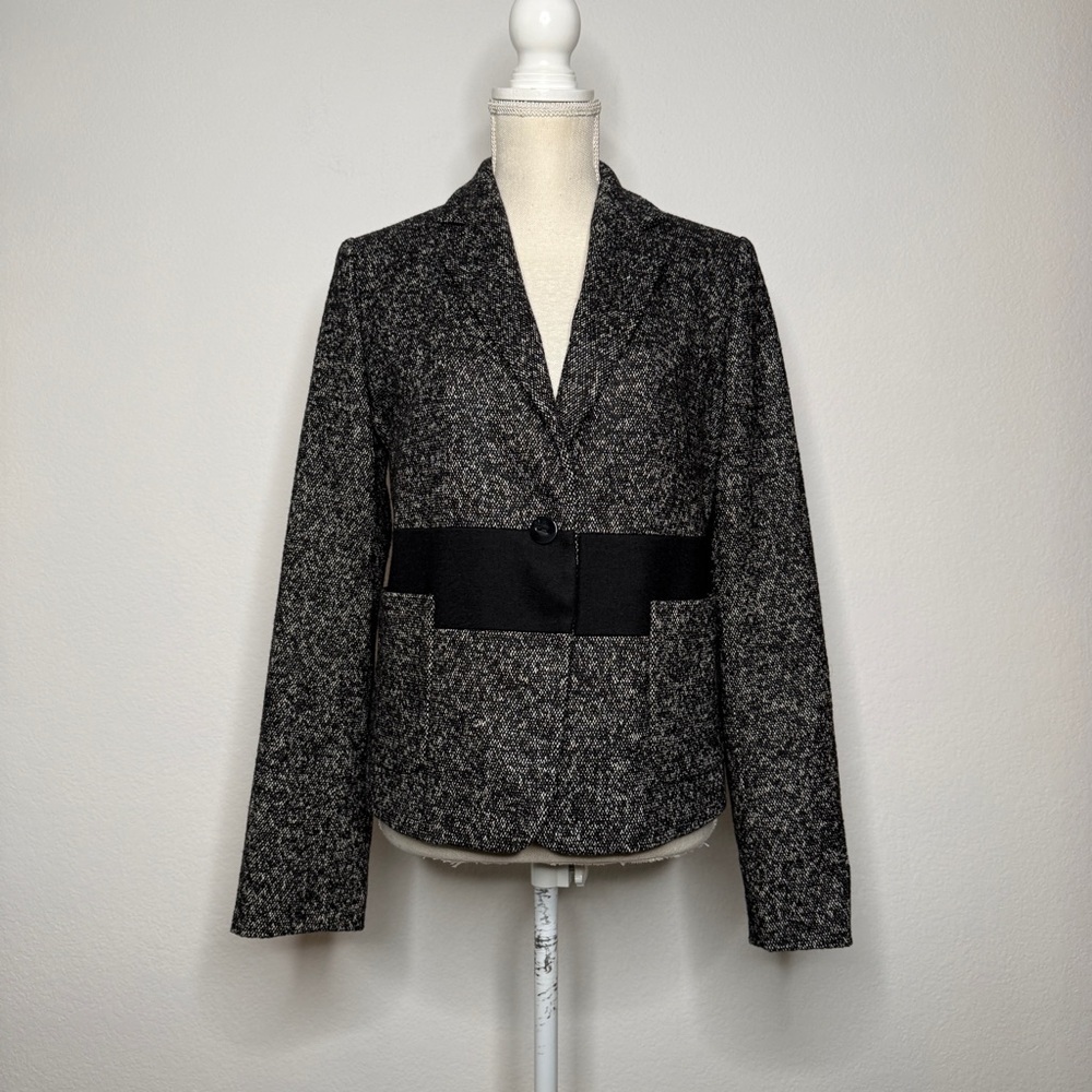 MaxMara Blazer Tweed Black White Wool Cotton Colorblock Zip Cuff Italy Size 12